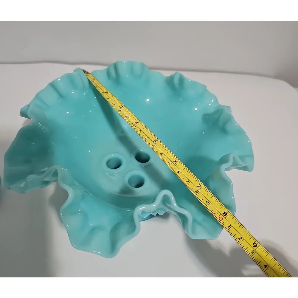 Fenton Aqua Milk Glass Three Horn Hobnail Epergne Vase/Bowl Mint Condition